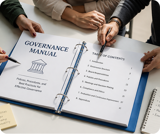 Governance materials and a pen on a desk
