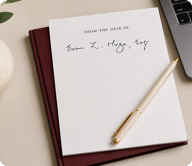 A handwritten note beside a notebook and pen